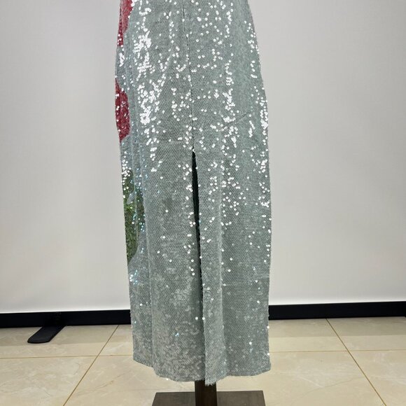 $450 NWOT Farm Rio Blue Sequins Anthurium Flowers Slip Maxi Dress Size S - Picture 13 of 16